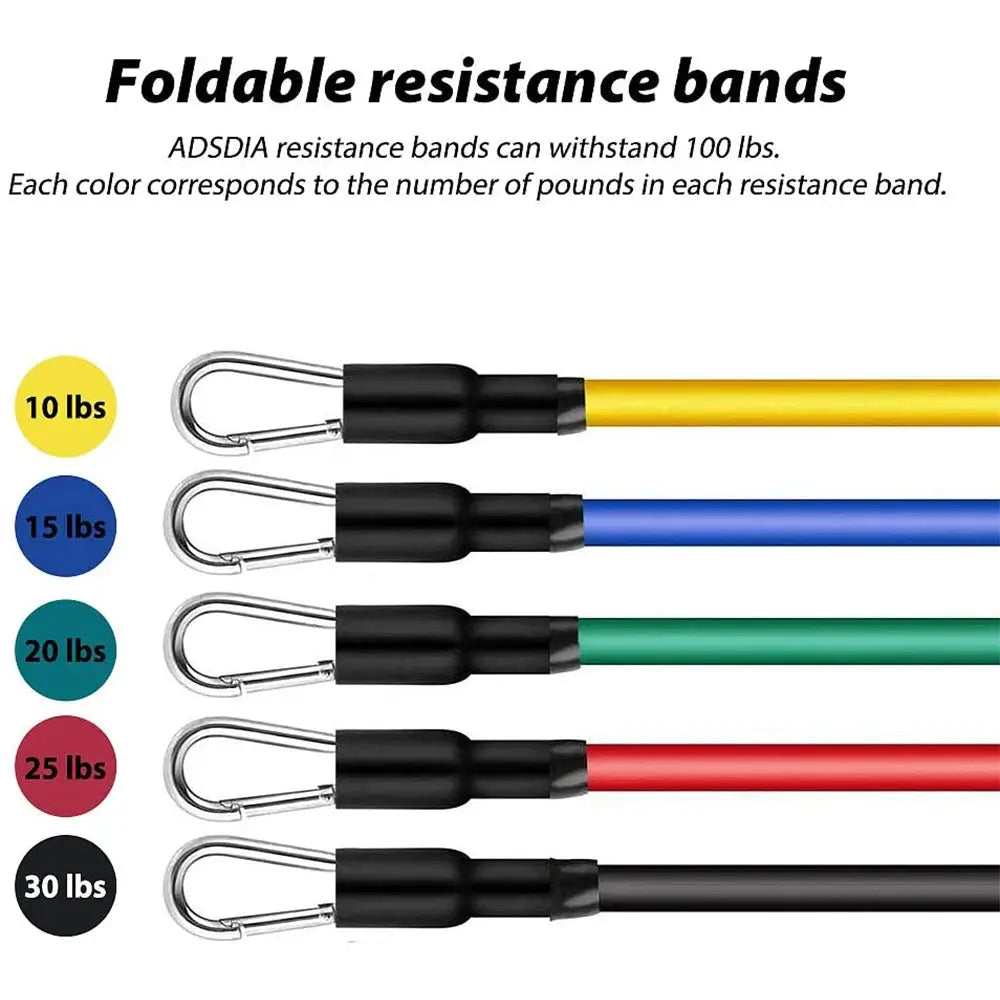 Foldable resistance bands in five colors with labeled weight levels from 10 to 30 lbs, ideal for adjustable home workout routines.