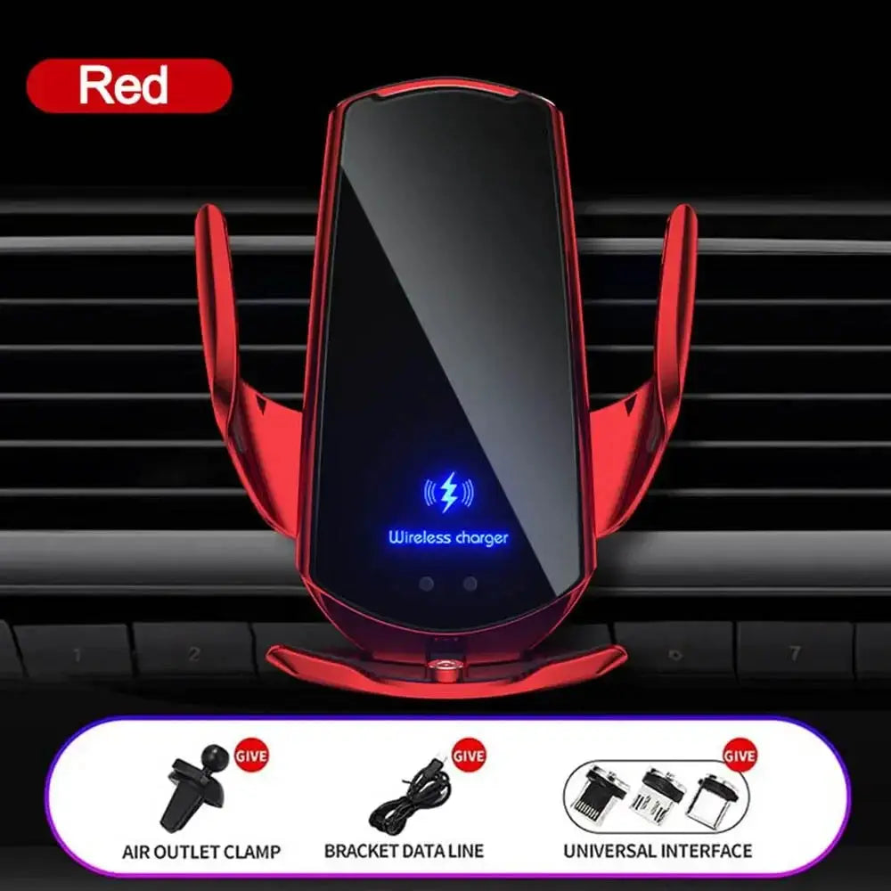 Red edition of 15W fast wireless charger with smart sensor and auto-clamping stand, includes universal car mount accessories.