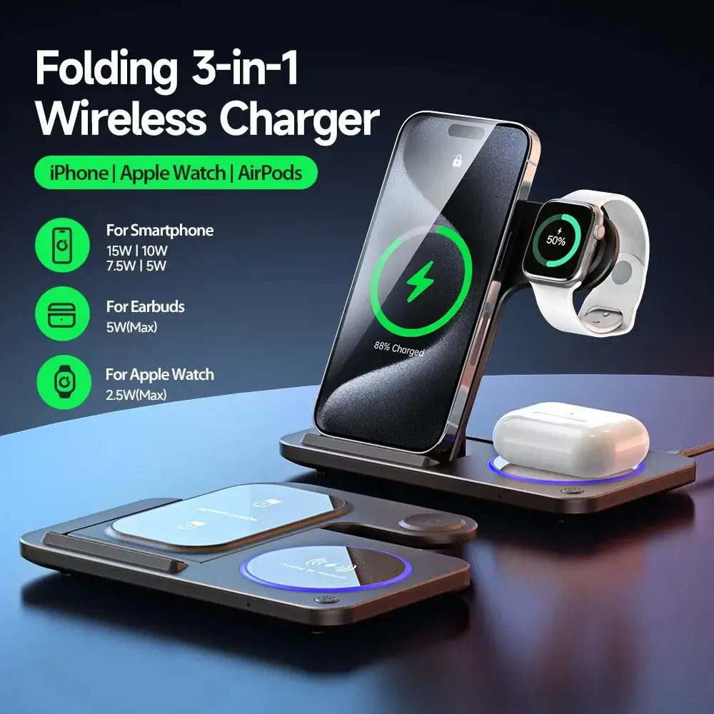 30W 3-in-1 Fast Wireless Charging Station – Foldable Charger Stand for iPhone 15/14/13/12/11, Apple Watch 9–5 & AirPods Pro