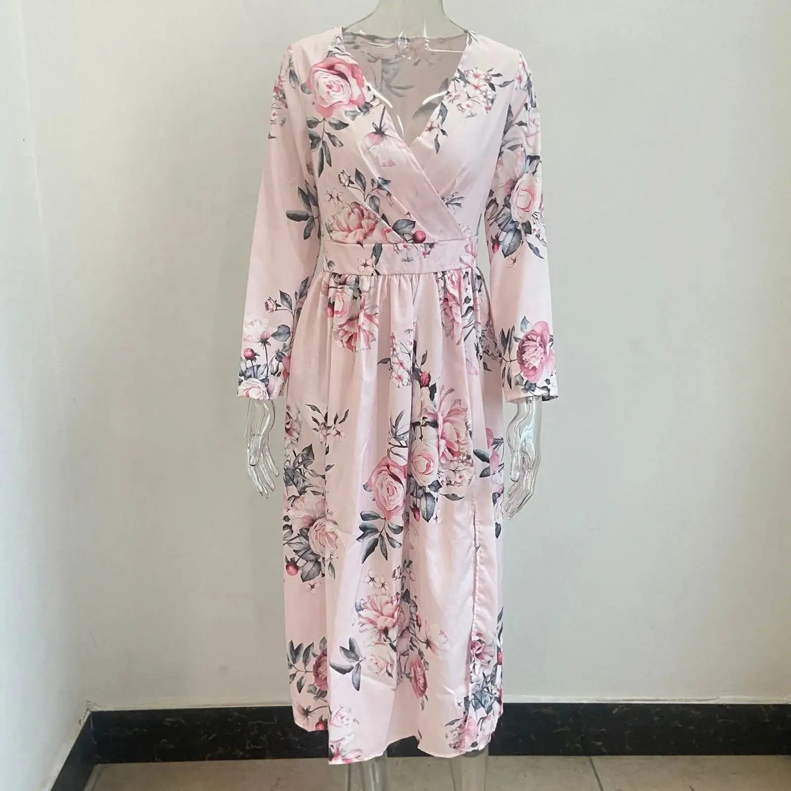 Women’s floral chiffon summer dress with V-neck and short sleeves, lightweight Korean style outfit