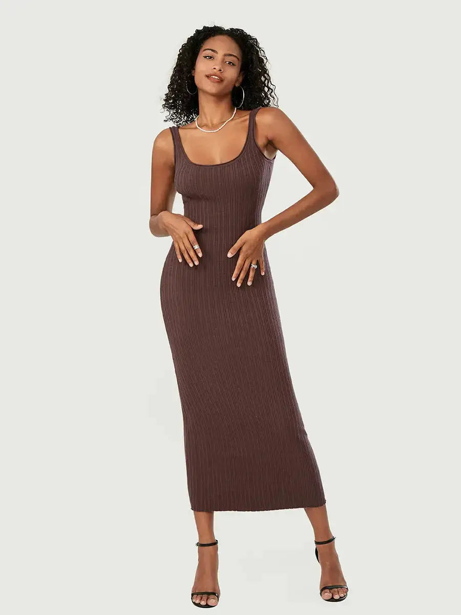 Front view of women’s brown sleeveless knit tank dress with ribbed texture and ankle-length fit, ideal for beach or party wear.