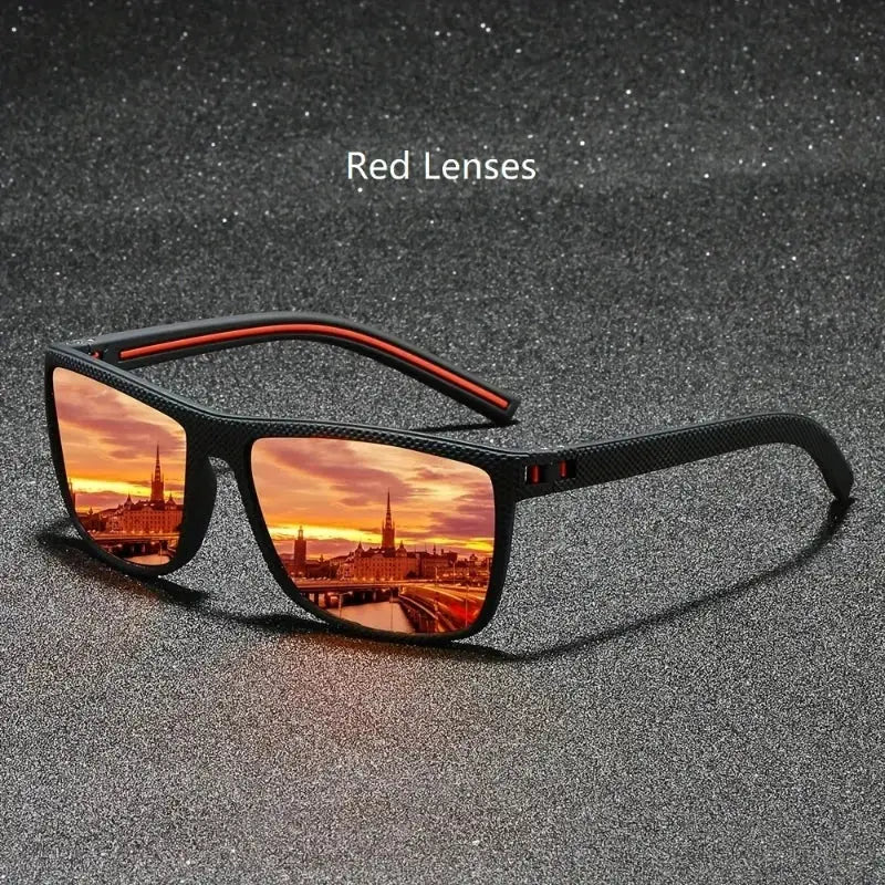 Red lens vintage square polarized sunglasses with UV400 protection, reflecting a sunset cityscape, perfect for fashion-forward outdoor wear.
