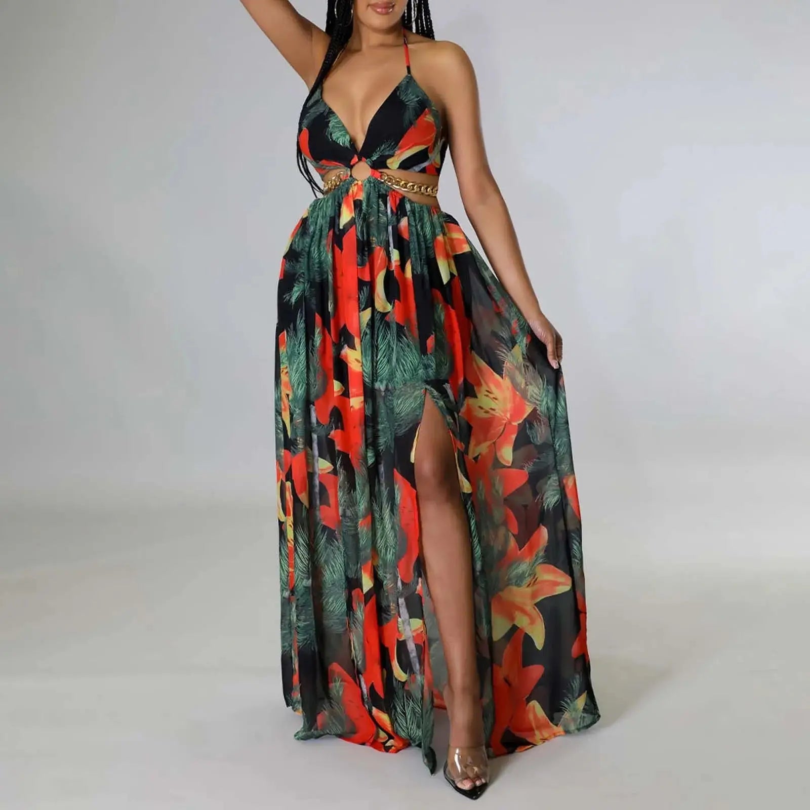 Women’s floral print maxi dress with halterneck and high split, elegant summer camisole-style outfit