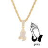 Gold praying hands pendant necklace with rope chain