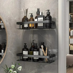 Wall-mounted bathroom shelf with toiletries