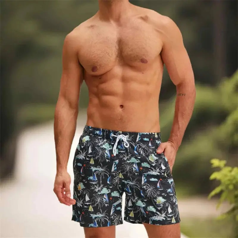 Men’s Quick-Dry Swim Trunks Tropical Palm Print Beach Shorts with Elastic Waist & Drawstring