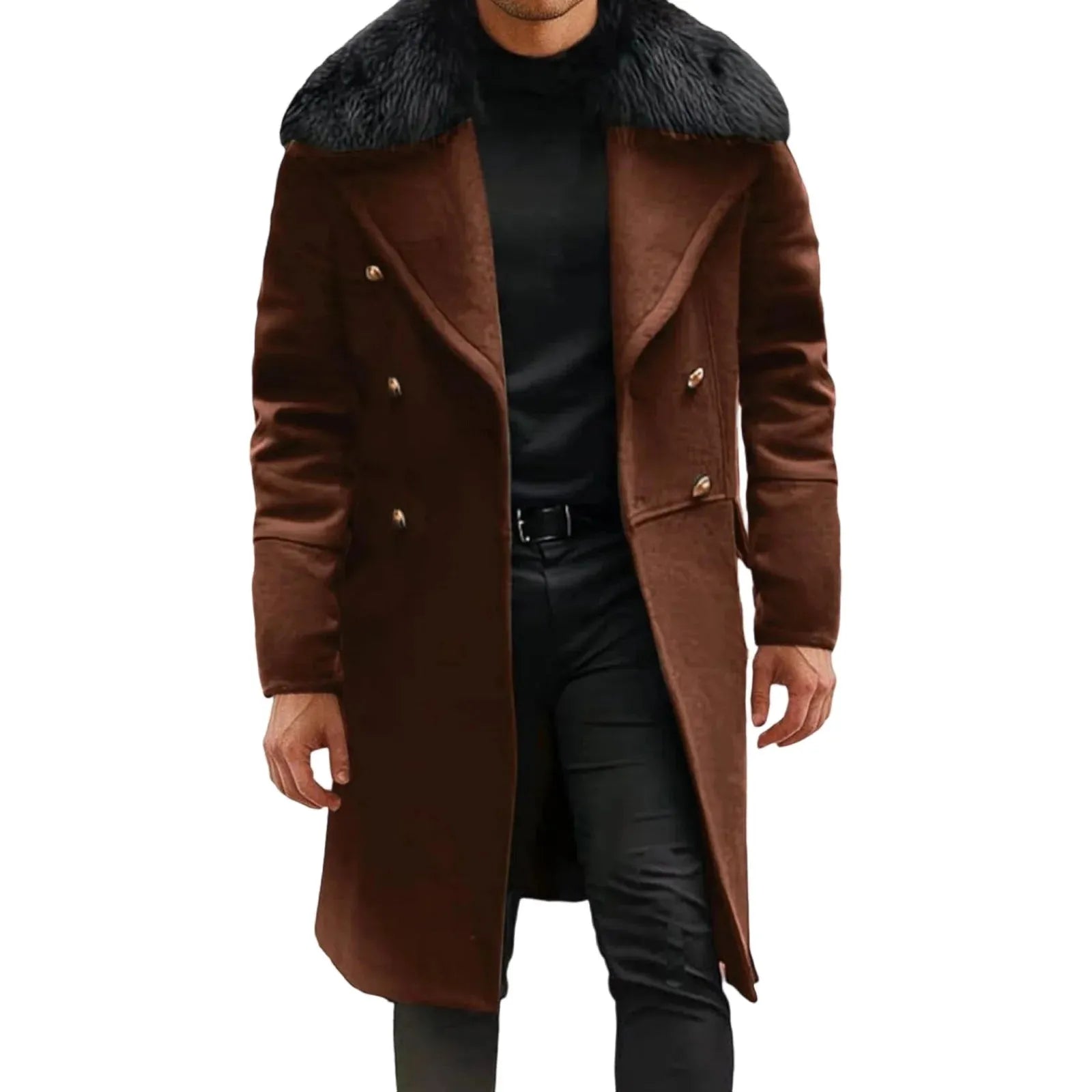 Men’s Long Coat Wool Blend With Fur Collar And Double Breast
