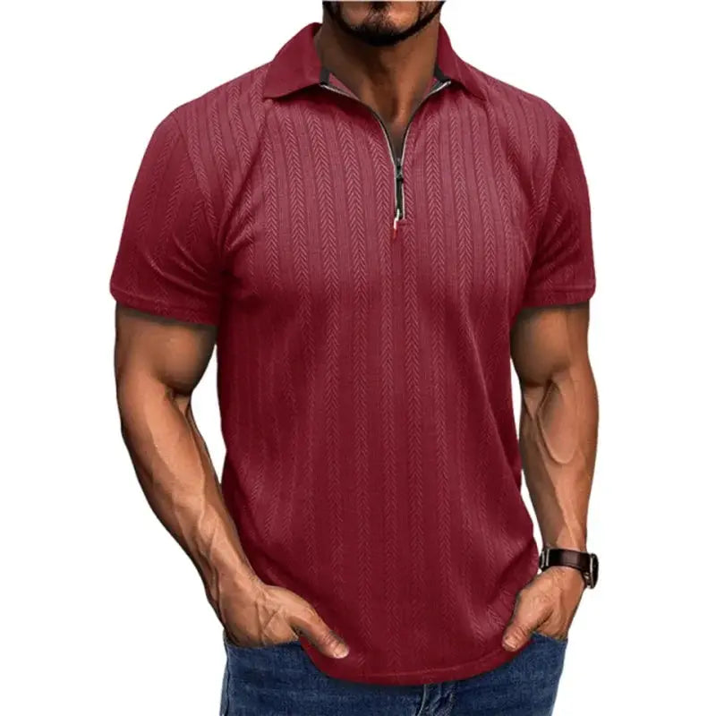 Men’s Jacquard Zip Polo Shirt – Short Sleeve Turn-Down Collar Top for Stylish Summer Casual Looks