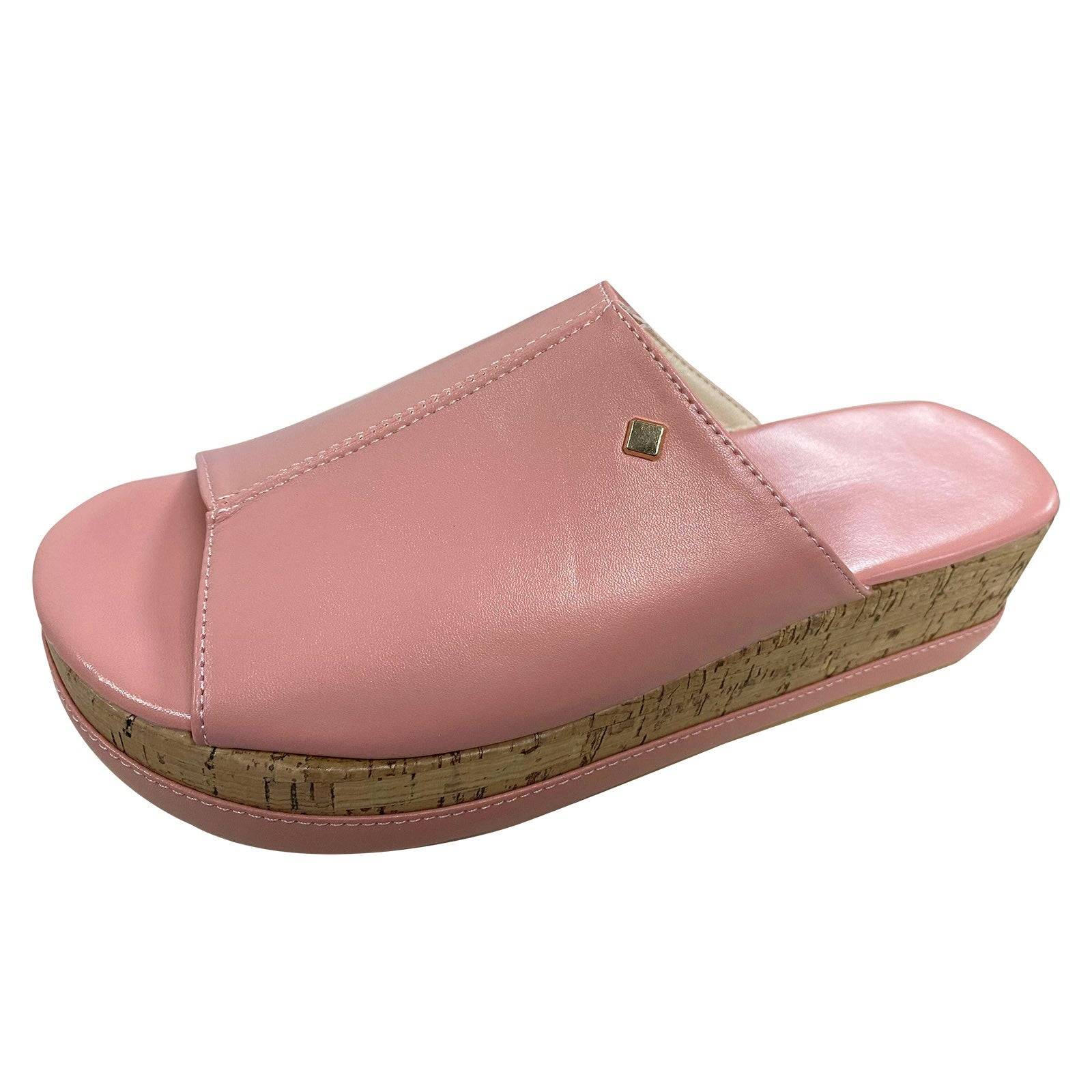 Side view of pink Roman-style wedge sandal with cork platform, designed for women’s casual and elegant summer fashion.