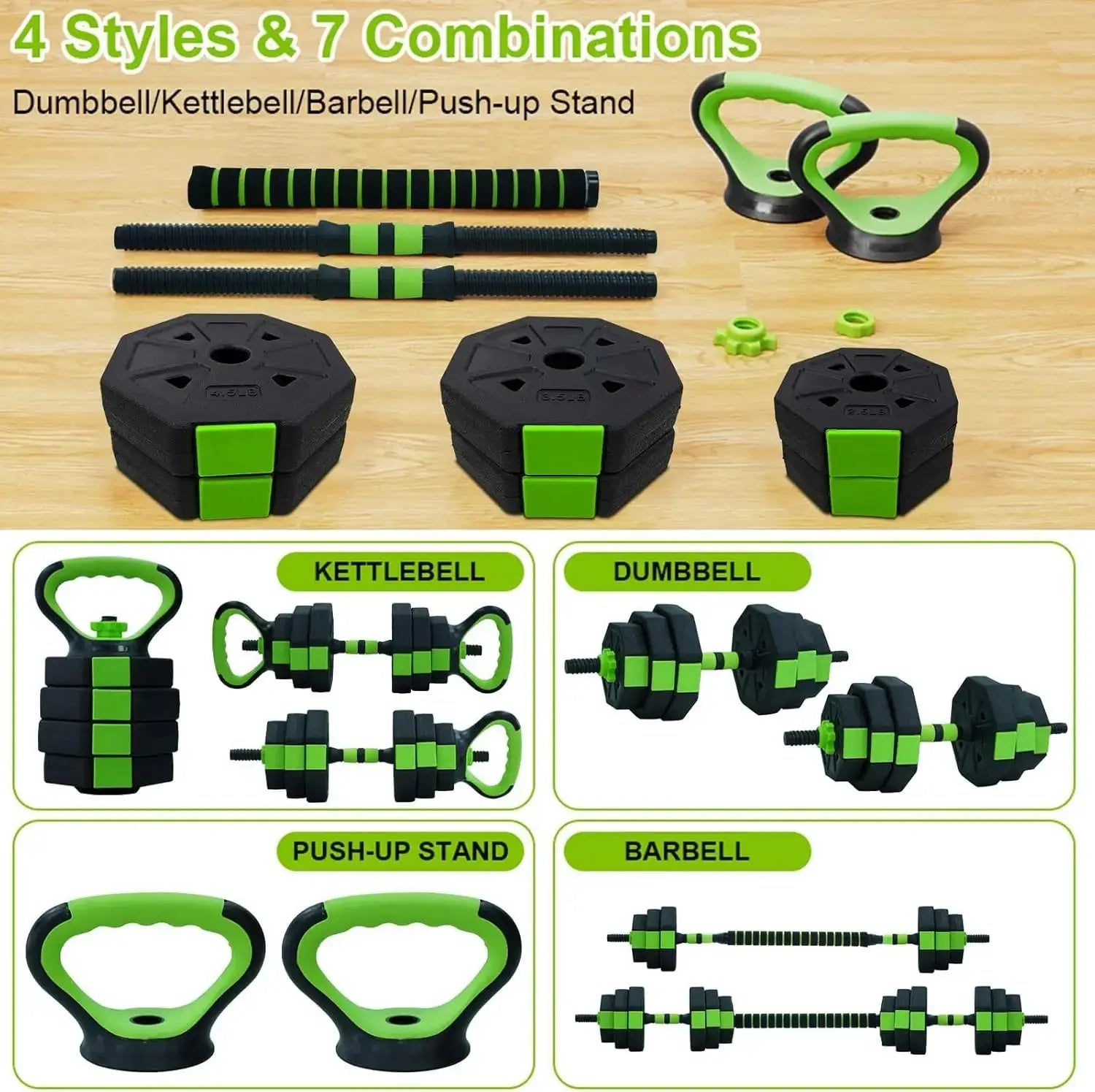 4-in-1 adjustable kettlebell and dumbbell set 66lb/88lb, barbell and push-up stand for home and gym workouts