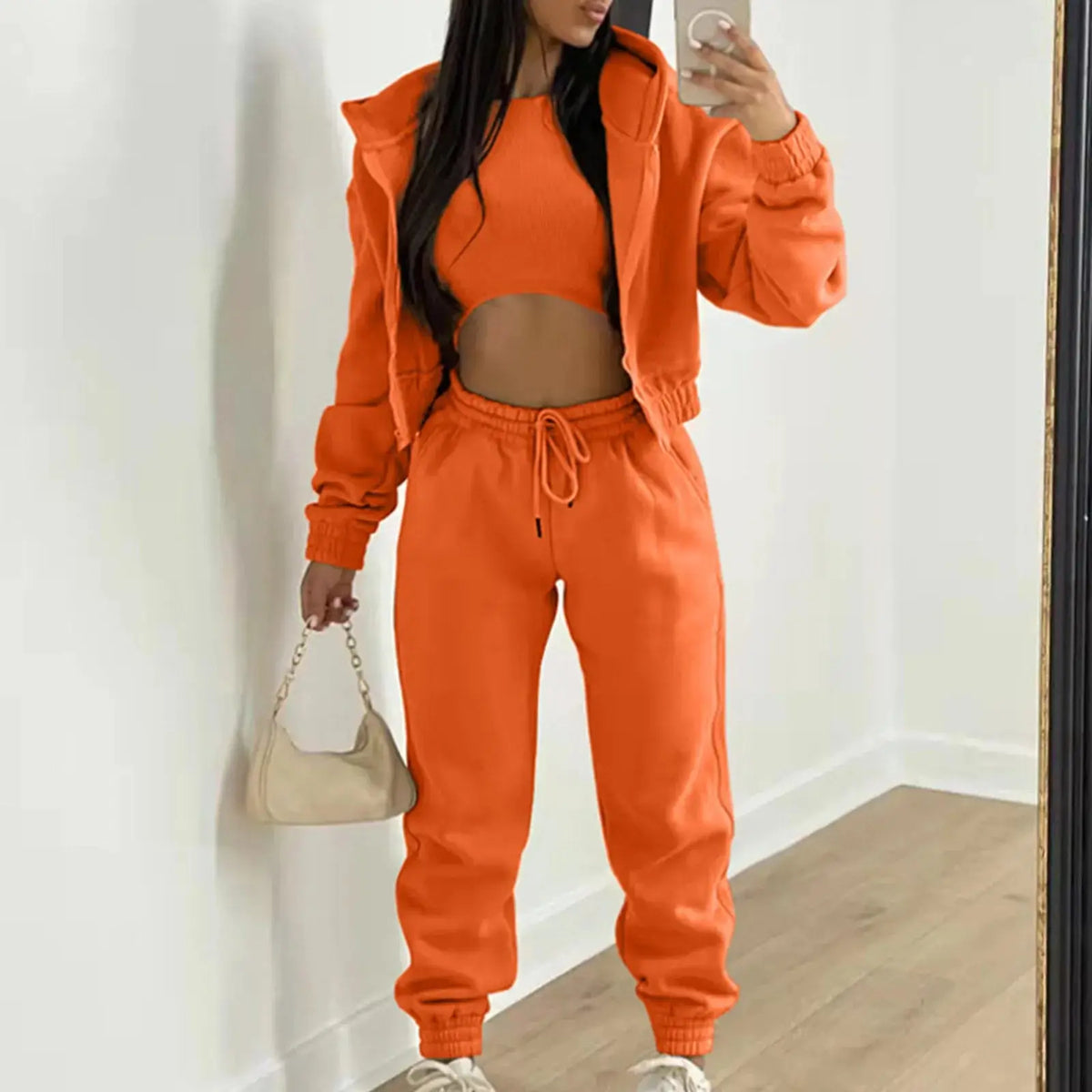 Women's Autumn Winter Casual Tracksuit Set with Vest Top, Zipper Jacket and Loose Pants, Available in Plus Sizes