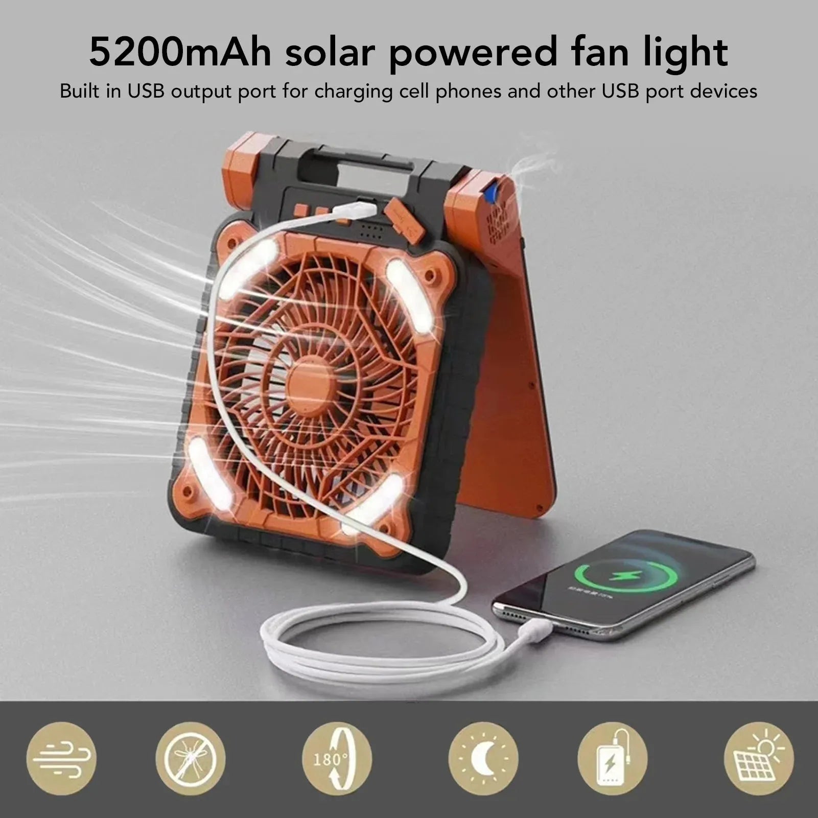 Solar Powered Camping Fan With LED Light And 4 Speed Motor