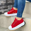 Red women's casual shoes with white toe cap