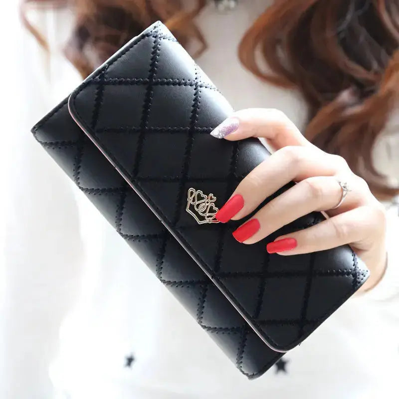 Women’s long PU leather wallet with crown detail, bifold card holder and phone organizer purse for daily use