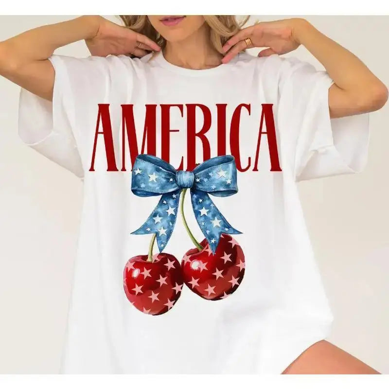 Women’s American Flag Cherry Bow T-Shirt – Soft Cotton Graphic Tee with USA-Inspired Design for Casual Everyday Style