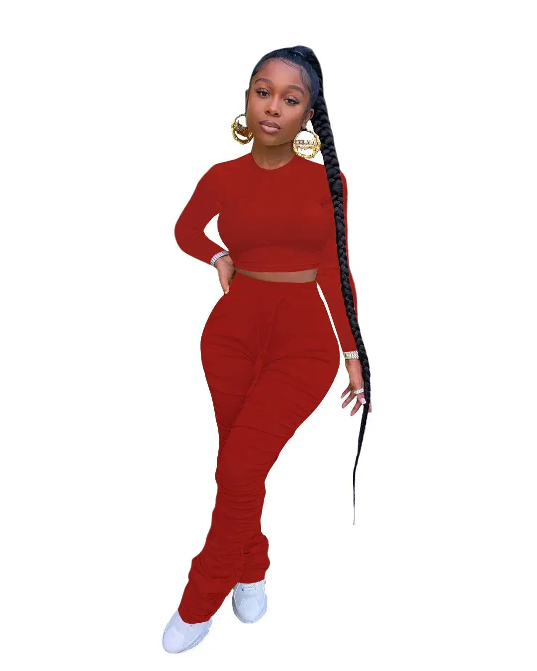 Front view of red Women’s Autumn Two-Piece Sportswear Set with slim-fit crop top and ruched pants, styled for modern fall fashion.