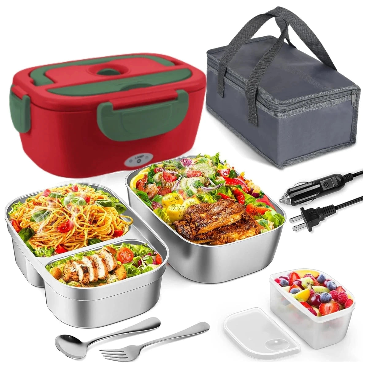 Red electric lunch box with 1.5L stainless container, utensils, and carry bag, compatible with 12V/24V/110V for portable meal heating.