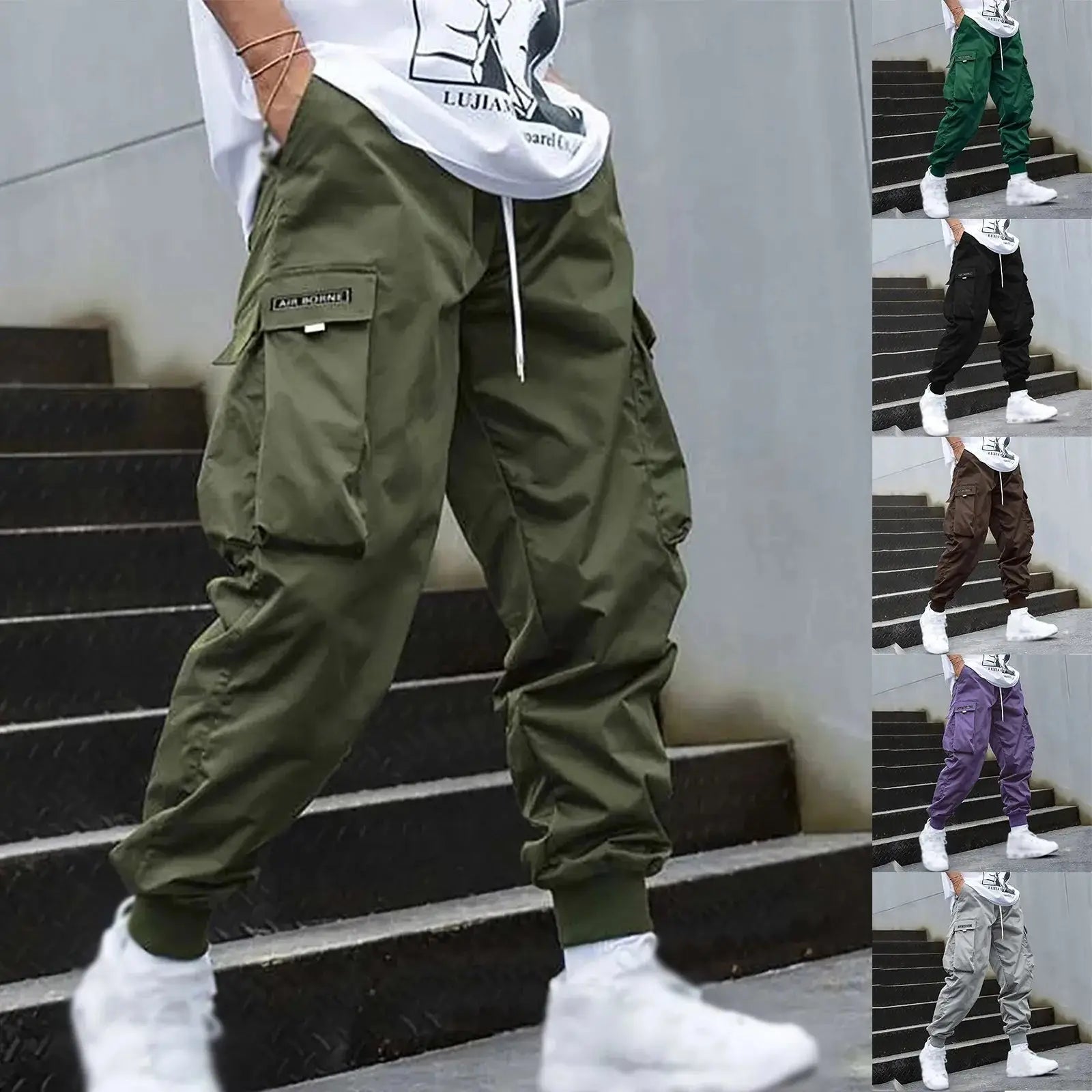 Men’s casual cargo jogger pants in multiple colors with drawstring waist and side pockets, ideal for urban streetwear or daily use.