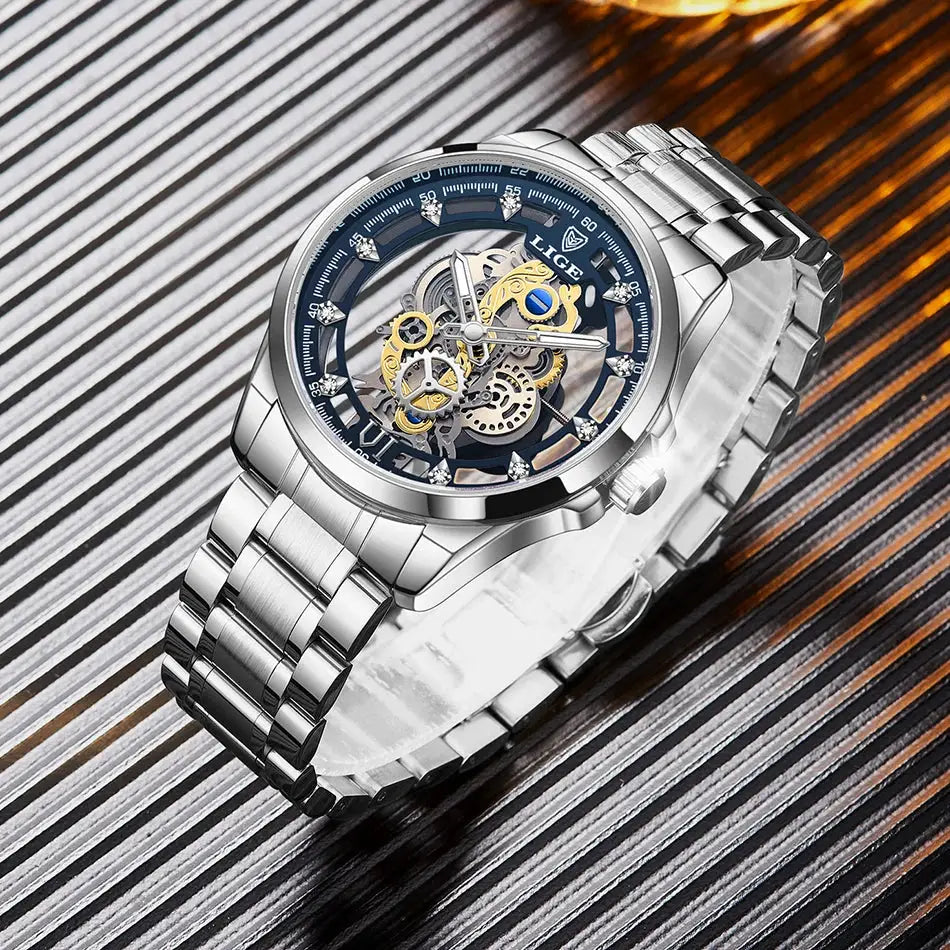 Men’s Skeleton  Watch Luxury Design Quartz Movement Waterproof Gift Box Included