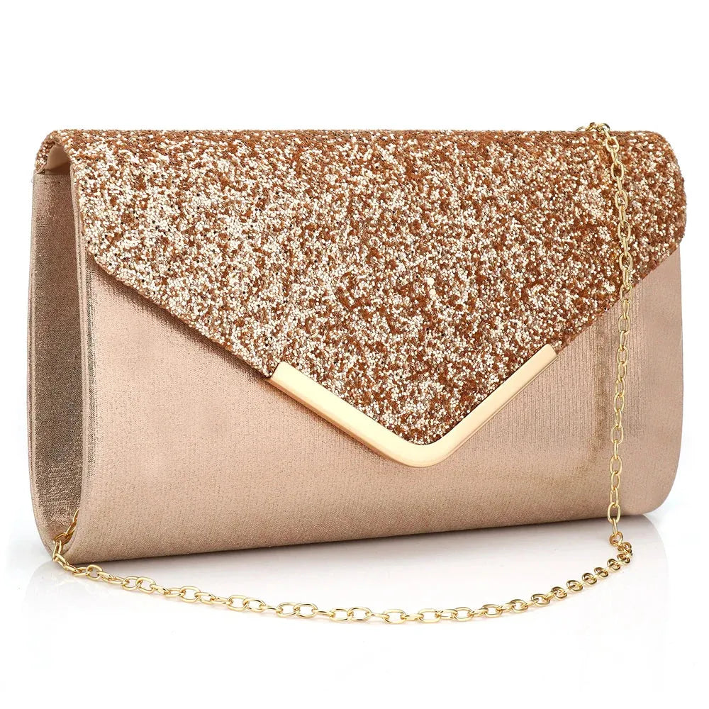Gold Glitter Handbag Envelope Clutch With Chain Strap