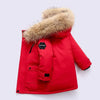 Red kids winter jacket with fur hood