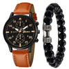 Men's watch with brown strap and black bead bracelet