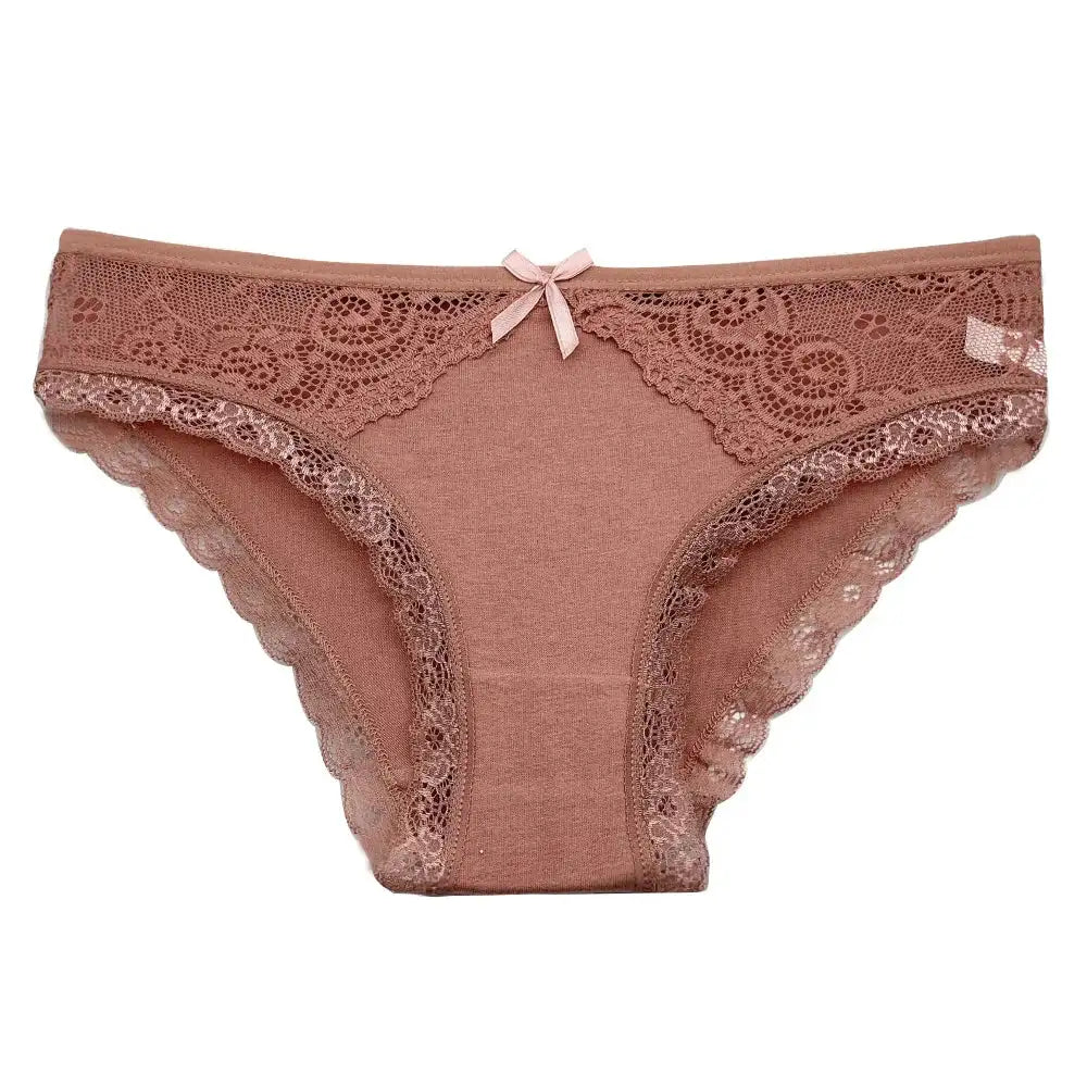 Rose pink lace low-rise cotton panty with bow detail from 5-Pack Women's Lace Low-Rise Cotton Panties Soft Briefs for Daily Comfort. Features scalloped lace trim and knit fabric for breathable everyday wear.