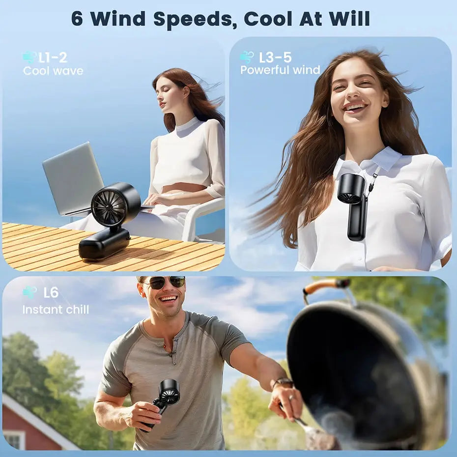 Portable Turbo Fan 6-Speed Rechargeable 5000mAh 2-in-1 Foldable Neck & Desk Fan with Digital Display