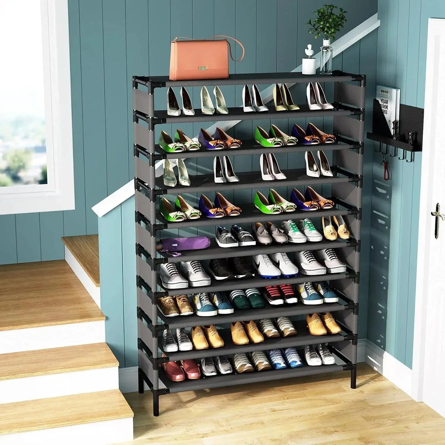Multi-layer storage rack with large capacity, holds up to 50 pairs of shoes or books, versatile shelf for bedroom