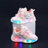 Pink girls' sneakers with character design and LED lights