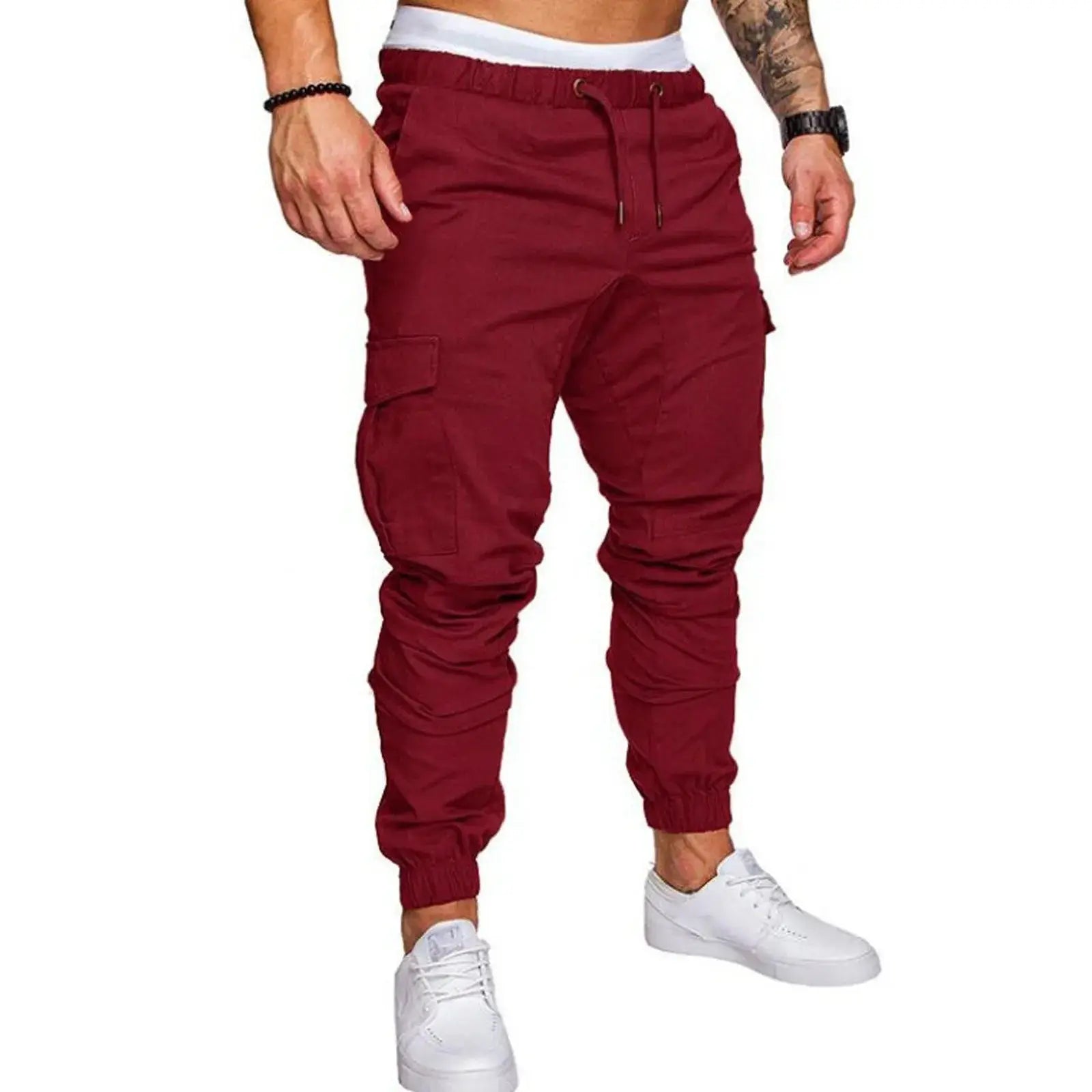 Red men’s drawstring skinny cargo pants with ankle cuffs and side pockets, designed for sporty and everyday wear.