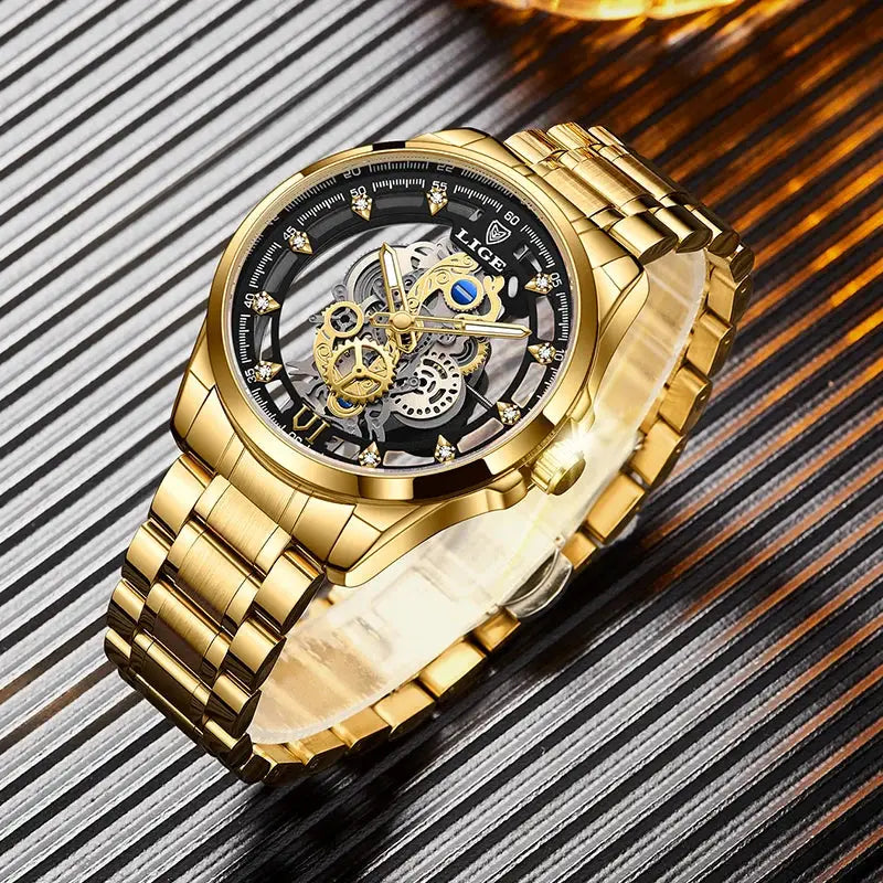 Men’s Skeleton  Watch Luxury Design Quartz Movement Waterproof Gift Box Included
