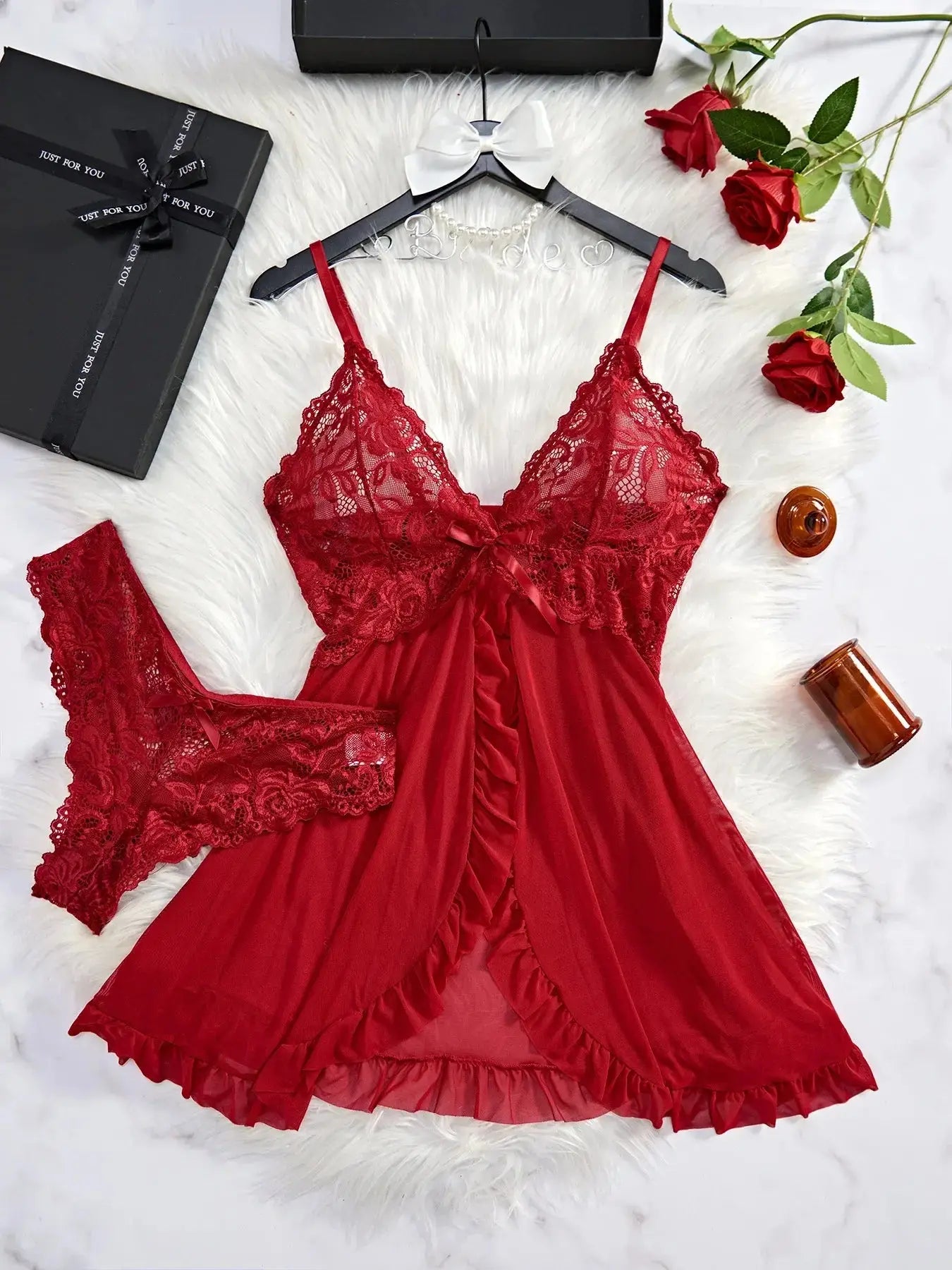 Red women's lace V-neck nightdress with ruffled front and matching panties, designed for stylish and comfortable sleepwear.