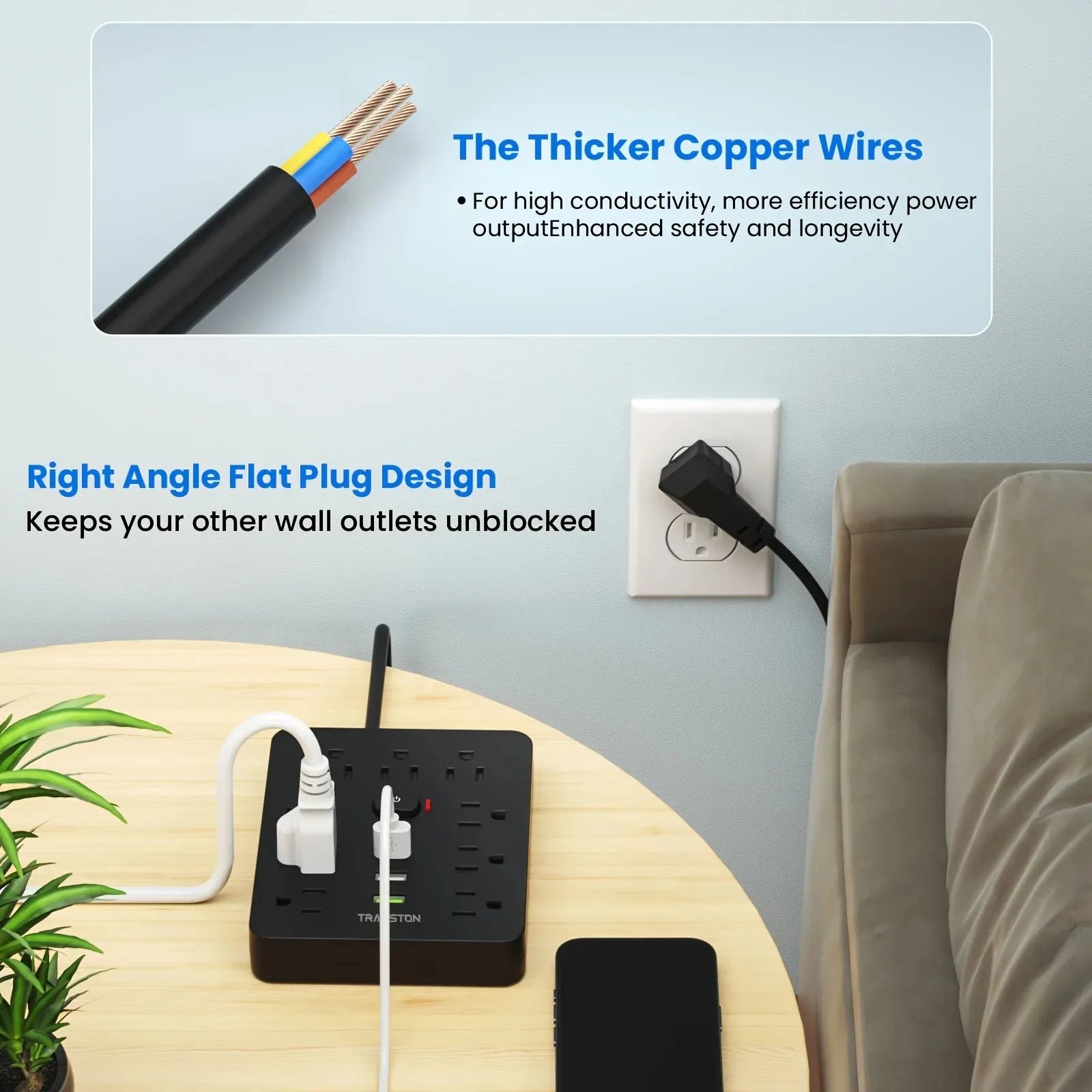 Power Strip Surge Protector 9 Outlet 3 USB Long Cord