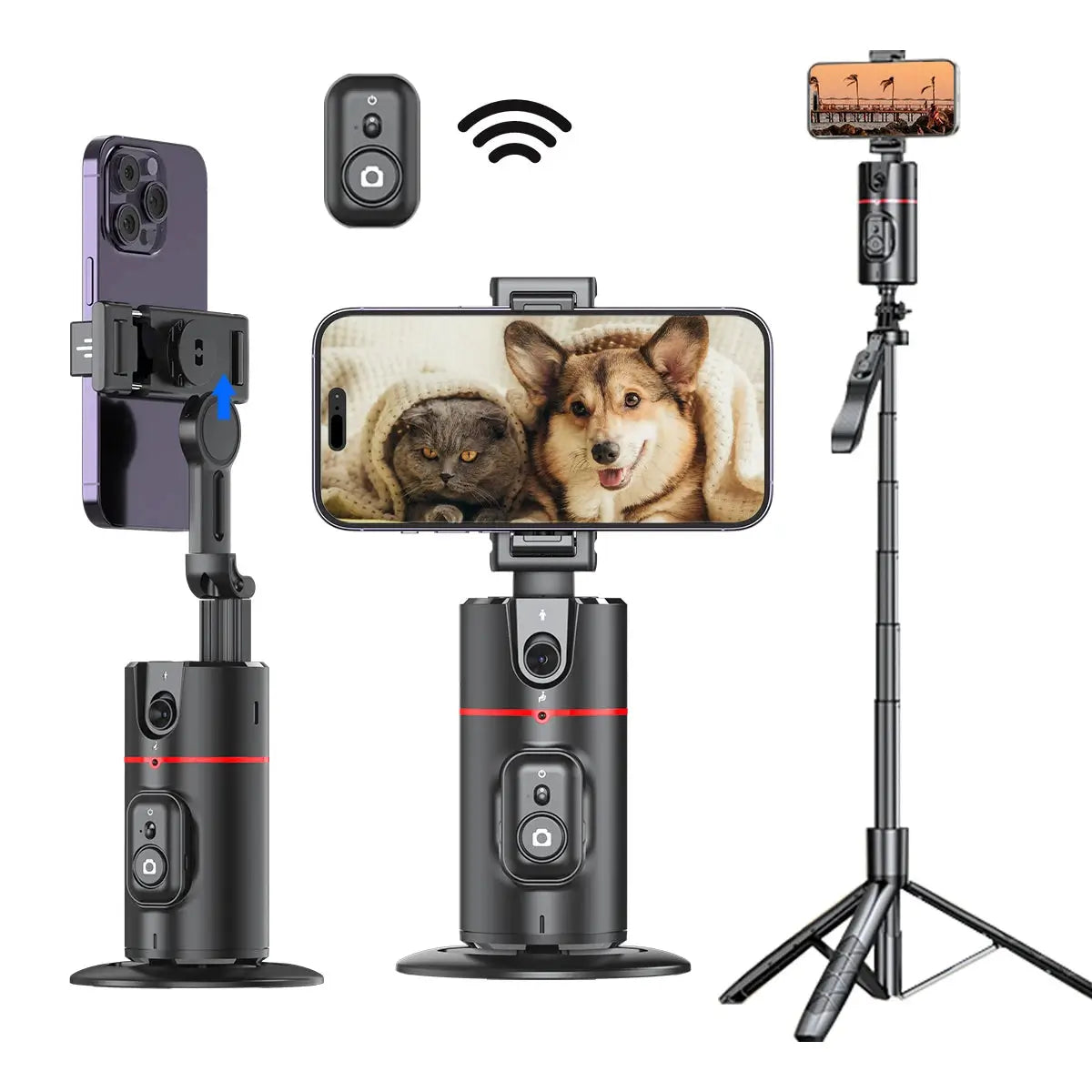 360° AI tracking gimbal stabilizer with auto rotation and detachable phone holder, shown in tripod and selfie stick modes for smartphones.