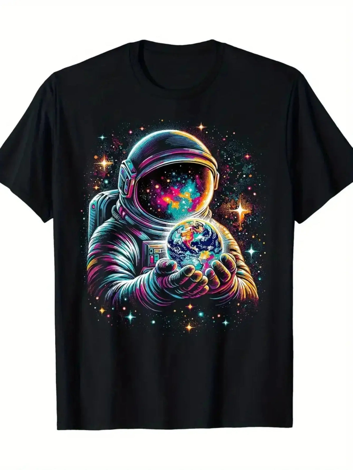 Men’s Astronaut & Planets Graphic T-Shirt – Black Cotton Tee with Round Neck & Short Sleeves