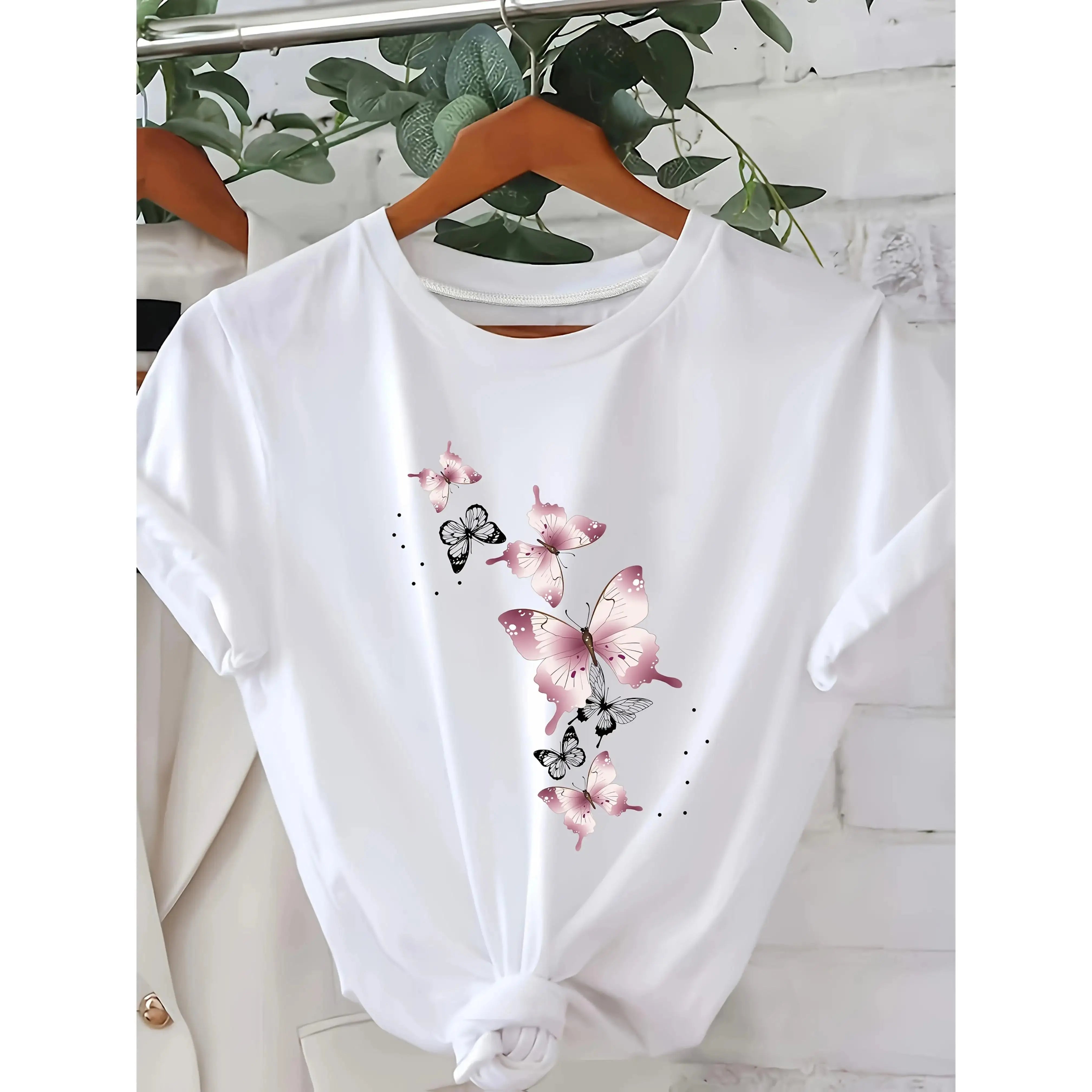 Butterfly Print Women’s T-Shirt – Soft Cotton Tee with Round Neck & Short Sleeves for Casual Looks