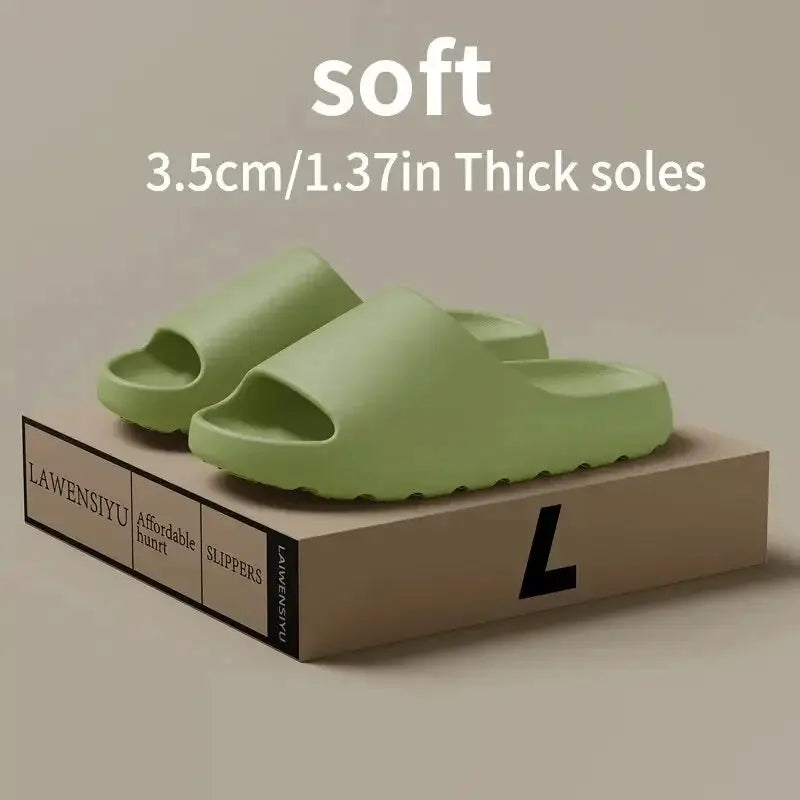 Green 1 Pair Cloud Cushion Slippers for Men & Women on display box, designed with 3.5cm thick sole for soft, ergonomic summer wear.