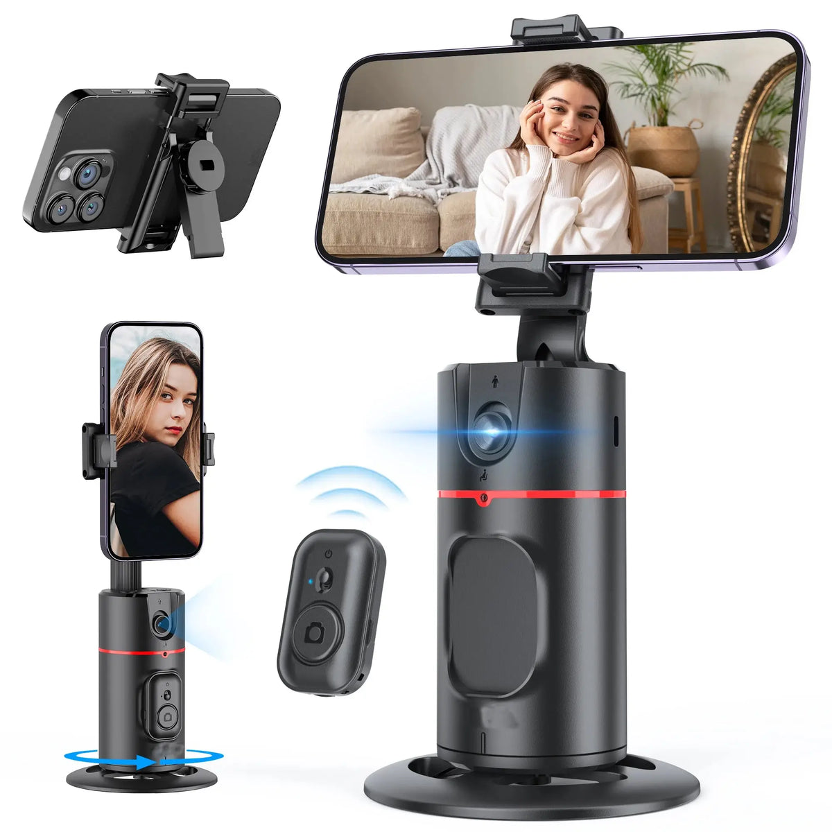 Black 360° AI tracking gimbal stabilizer with wireless remote and phone holder, ideal for hands-free smartphone video recording.