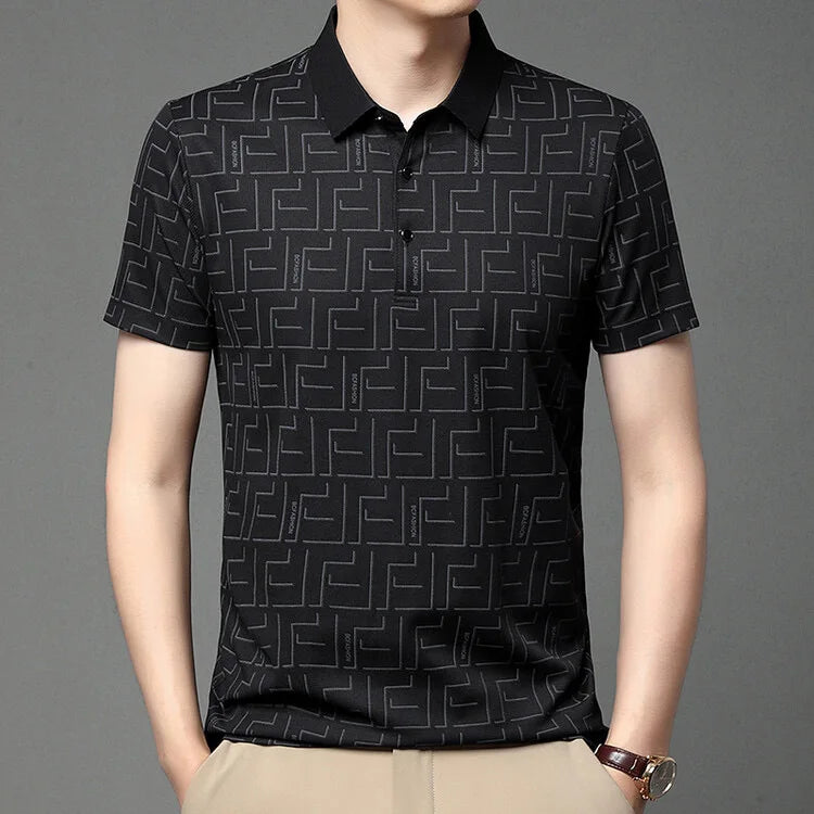 Black short sleeve silk t-shirt for men modeled by a man.