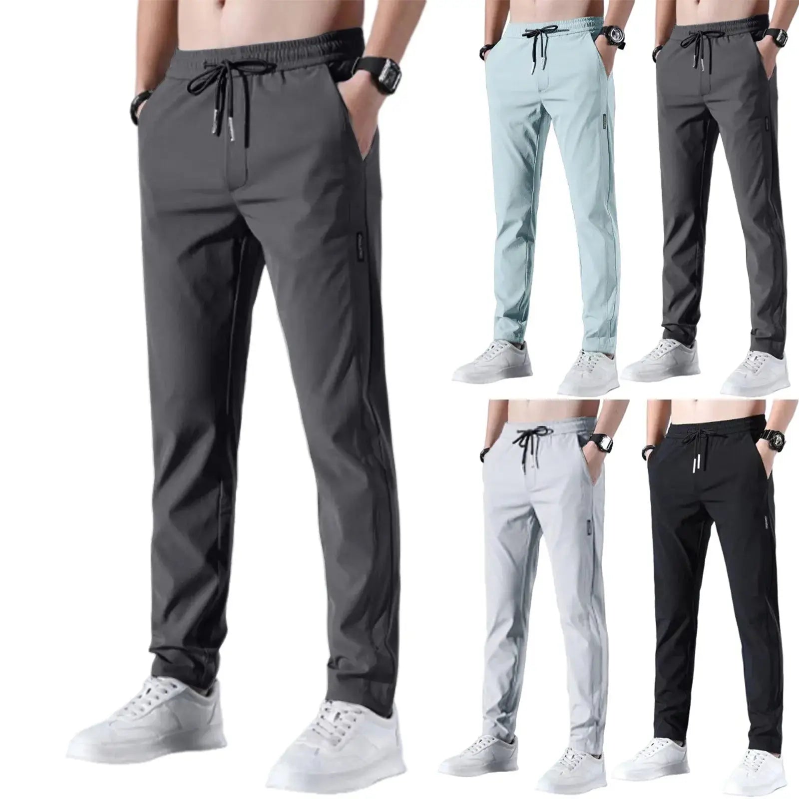 Men’s quick-dry stretch pants in five colors with breathable ice silk fabric, mid-waist loose fit and straight-leg design for casual wear.
