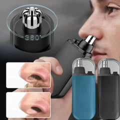 USB charging nose hair trimmer in use with close-up features