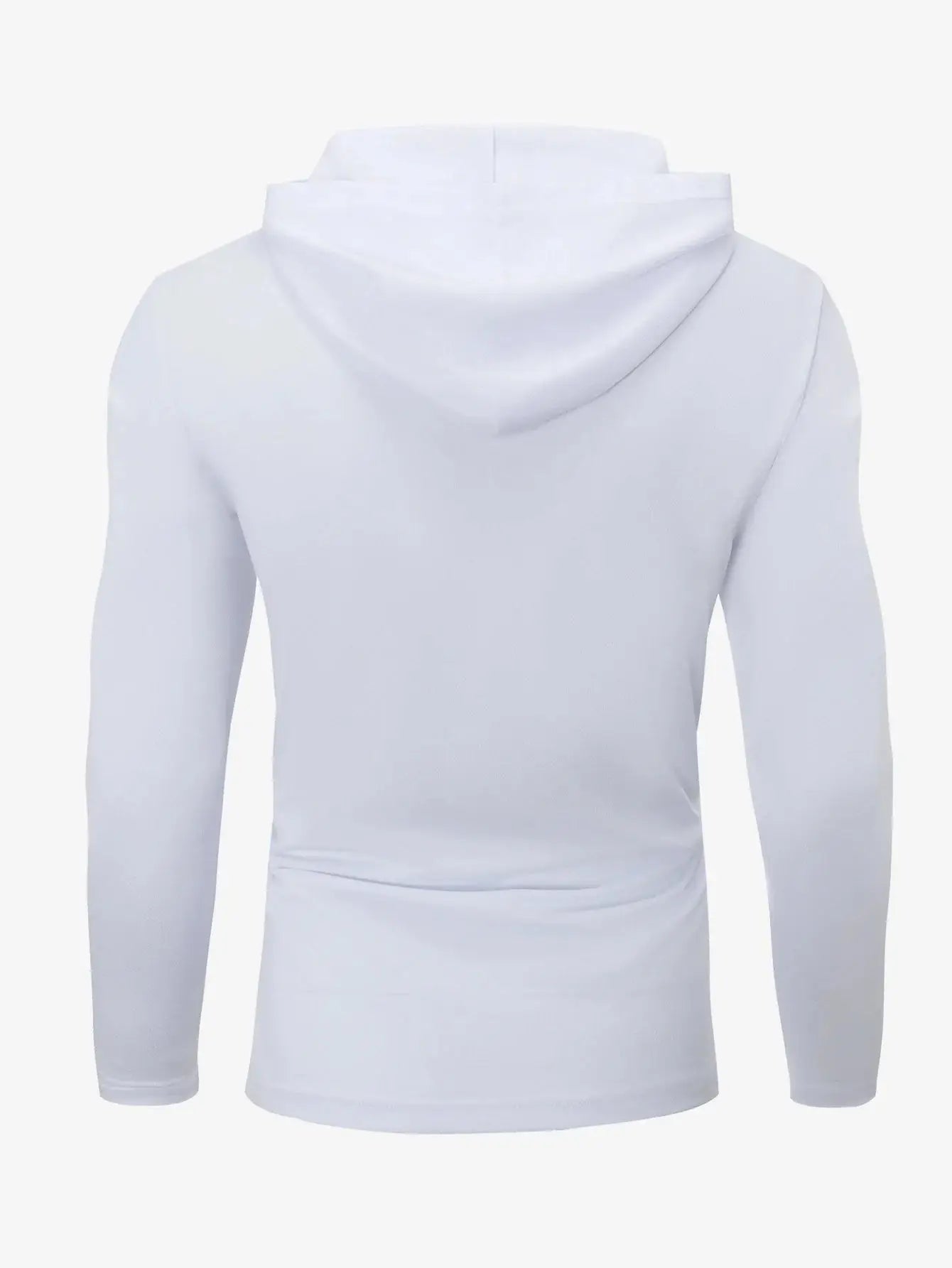Back view of white long sleeve hooded top from Mens 5-Piece Sportswear Set, breathable polyester ideal for running and fitness activities.
