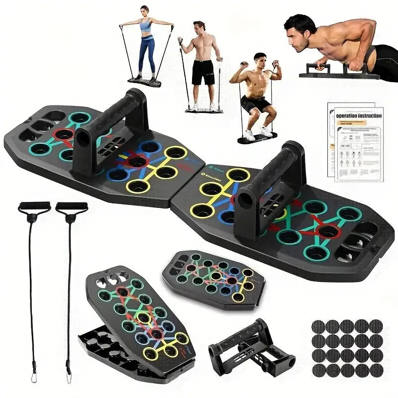 Complete multifunction push-up board set with detachable handles, resistance bands, anti-slip mats, and exercise guide for full-body home fitness training.