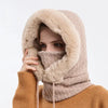 Beige women's winter fur hat with hood