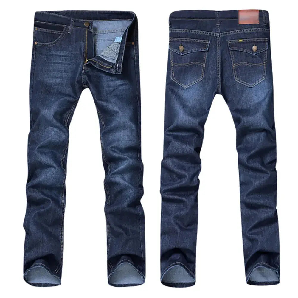 Front and back flat lay of men’s stretch denim jeans with straight fit, perfect for casual hip hop and skate fashion.
