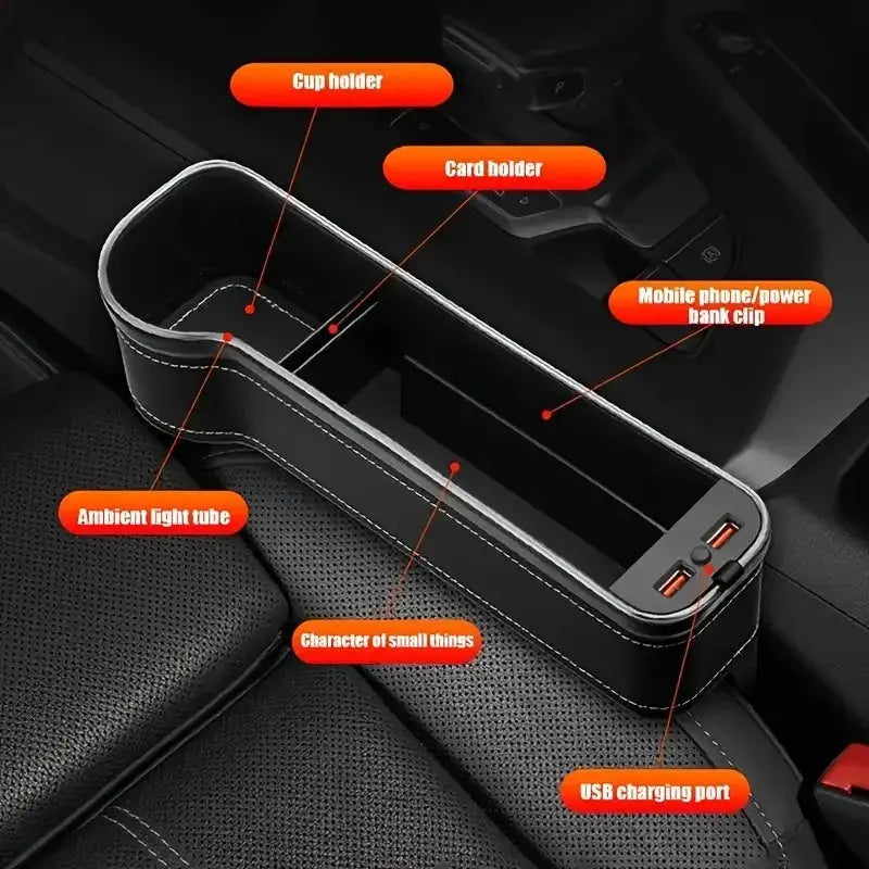 Detailed view of universal car seat gap organizer showing cup holder, card slot, USB ports, and ambient light tube for front seat storage.