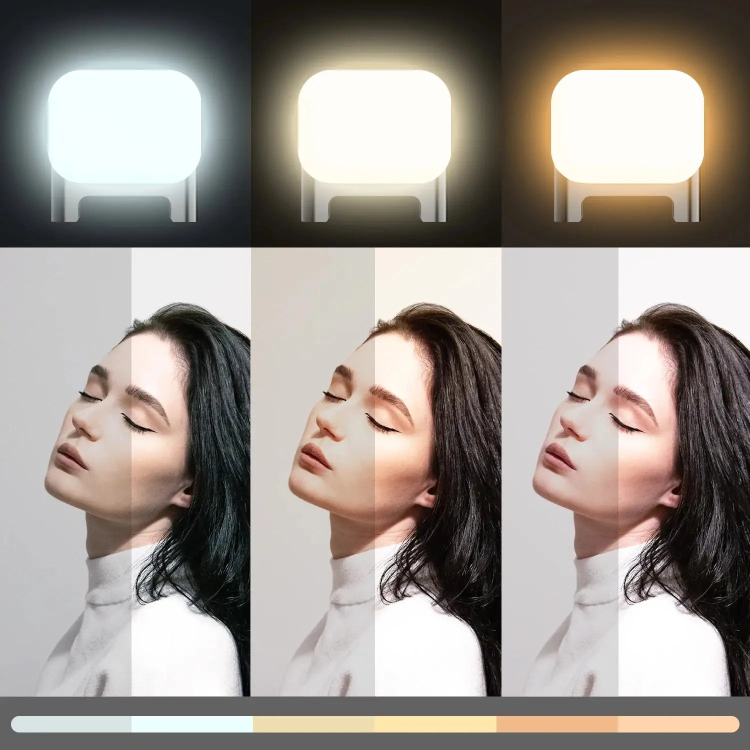 Three light modes of the Selfie Stick Tripod with Fill Light shown with model portraits under cool, neutral, and warm LED lighting.