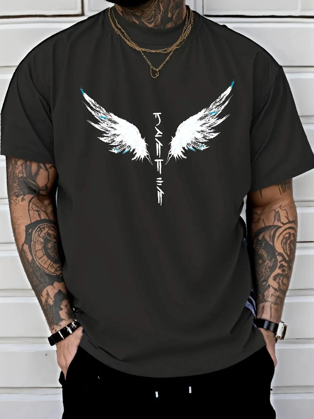 Mens Graphic T-Shirt Angel Wings Print & Japanese Calligraphy Black White Crewneck