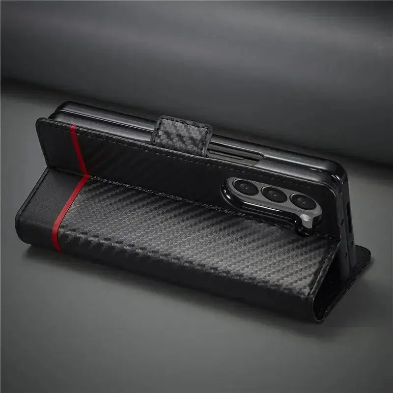 PU leather wallet case with carbon fiber design for Samsung Galaxy Z Fold 3/4/5/6, magnetic flip cover with stand function